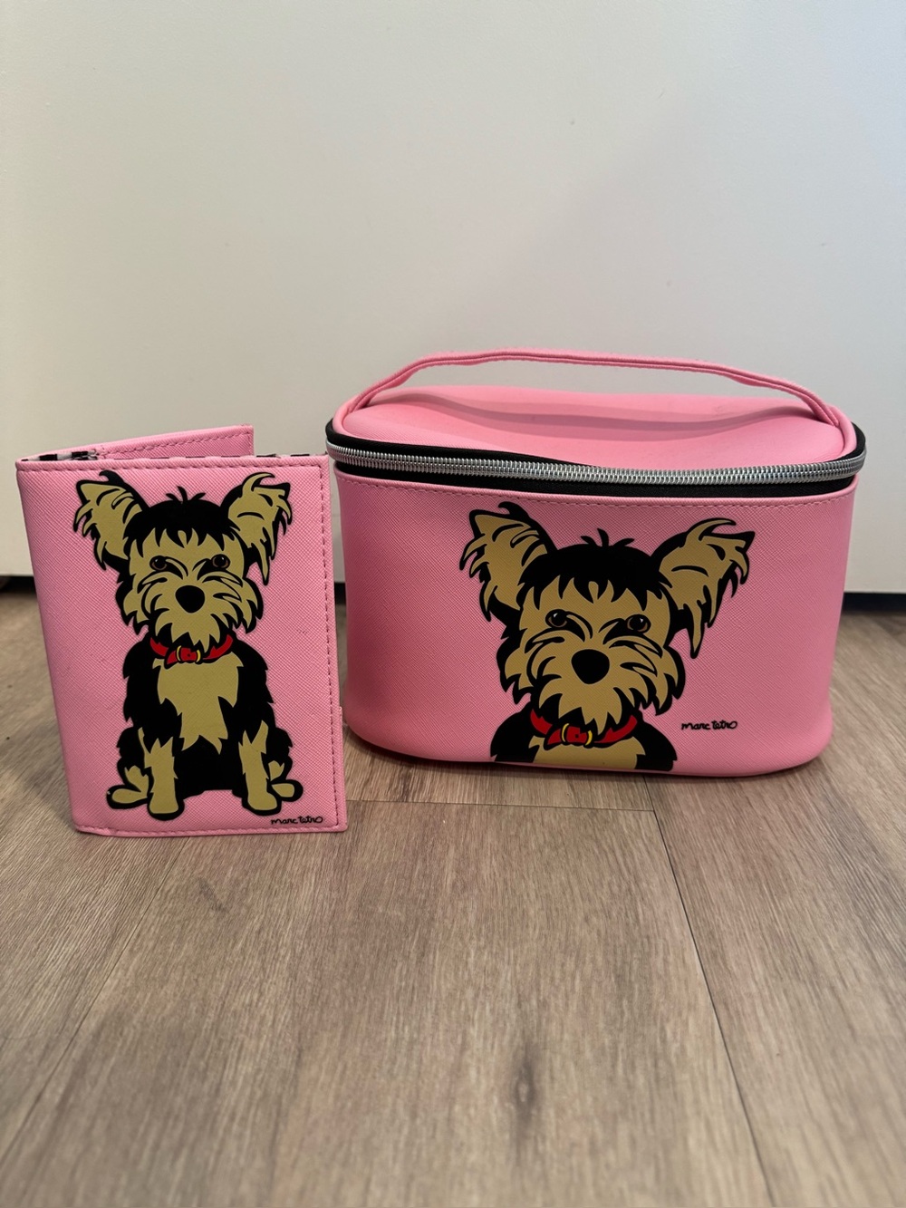 Marc Tetro Pink Yorkie Cosmetic Bag and Passport Holder Set